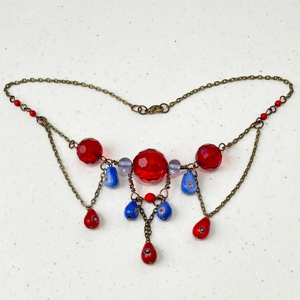 Handmade Red & Blue Beaded Festooned Choker Necklace Vintage Style Assemblage